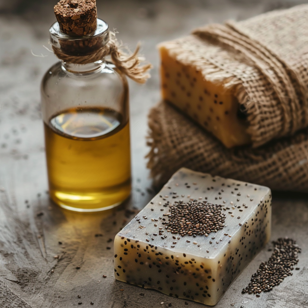 a bottle of castor oil and a soap made with chia seeds